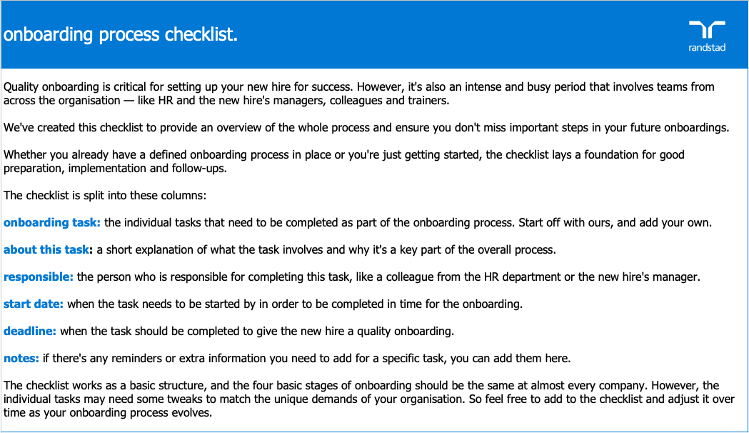 randstad - onboarding process checklist